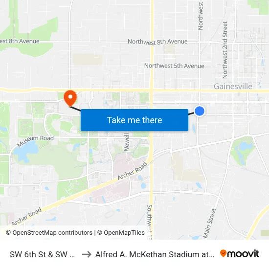SW 6th St & SW 3rd Ave to Alfred A. McKethan Stadium at Perry Field map