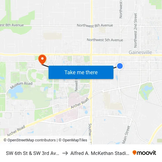 SW 6th St & SW 3rd Ave (Southbound) to Alfred A. McKethan Stadium at Perry Field map