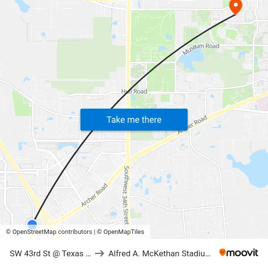 SW 43rd St @ Texas Roadhouse to Alfred A. McKethan Stadium at Perry Field map