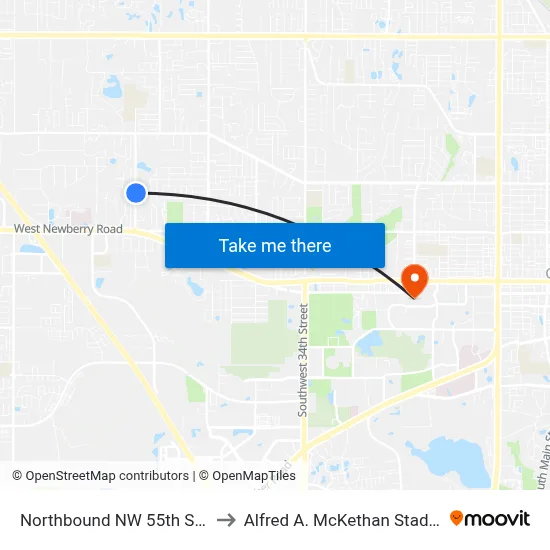 Northbound NW 55th St @ NW 14th Ave to Alfred A. McKethan Stadium at Perry Field map