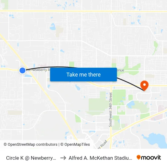 Circle K @ Newberry/Tower Road to Alfred A. McKethan Stadium at Perry Field map