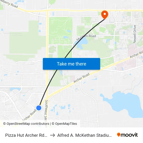 Pizza Hut Archer Rd Eastbound to Alfred A. McKethan Stadium at Perry Field map