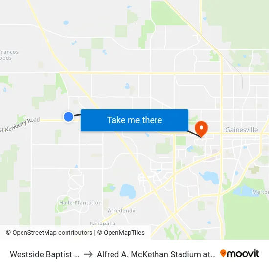 Westside Baptist Church to Alfred A. McKethan Stadium at Perry Field map