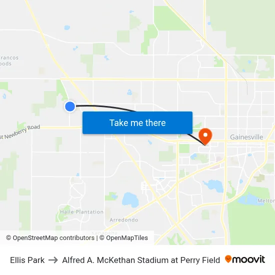 Ellis Park to Alfred A. McKethan Stadium at Perry Field map