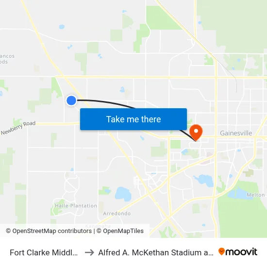 Fort Clarke Middle School to Alfred A. McKethan Stadium at Perry Field map