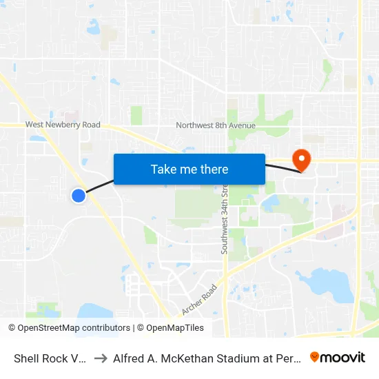 Shell Rock Villas to Alfred A. McKethan Stadium at Perry Field map