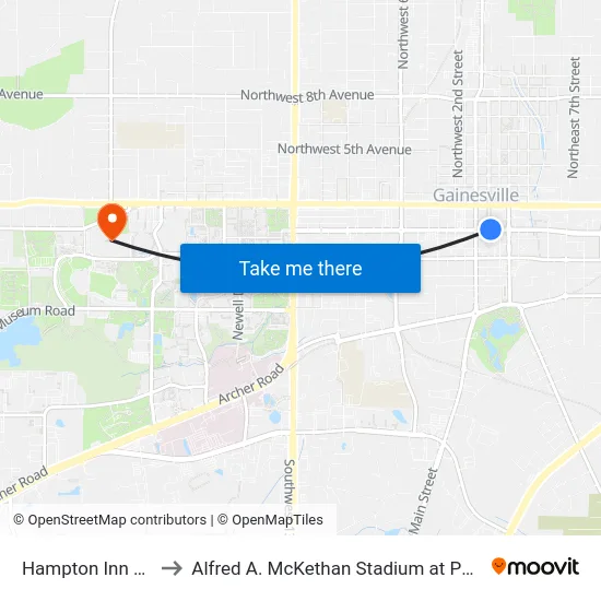 Hampton Inn Hotel to Alfred A. McKethan Stadium at Perry Field map
