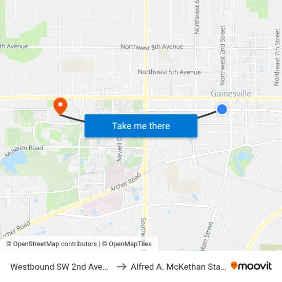 Westbound SW 2nd Avenue @ SW 2nd Street to Alfred A. McKethan Stadium at Perry Field map