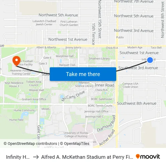 Infinity Hall to Alfred A. McKethan Stadium at Perry Field map