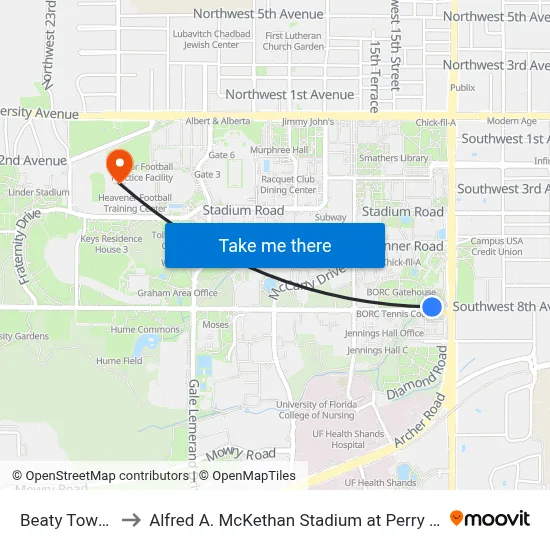 Beaty Towers to Alfred A. McKethan Stadium at Perry Field map