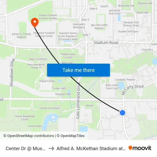 Center Dr @ Museum Rd to Alfred A. McKethan Stadium at Perry Field map