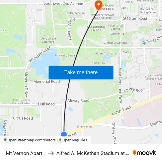 Mt Vernon Apartments to Alfred A. McKethan Stadium at Perry Field map