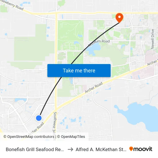 Bonefish Grill Seafood Restaurant @ Butler Plaza to Alfred A. McKethan Stadium at Perry Field map