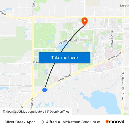 Silver Creek Apartments to Alfred A. McKethan Stadium at Perry Field map