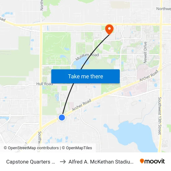 Capstone Quarters Apartments to Alfred A. McKethan Stadium at Perry Field map