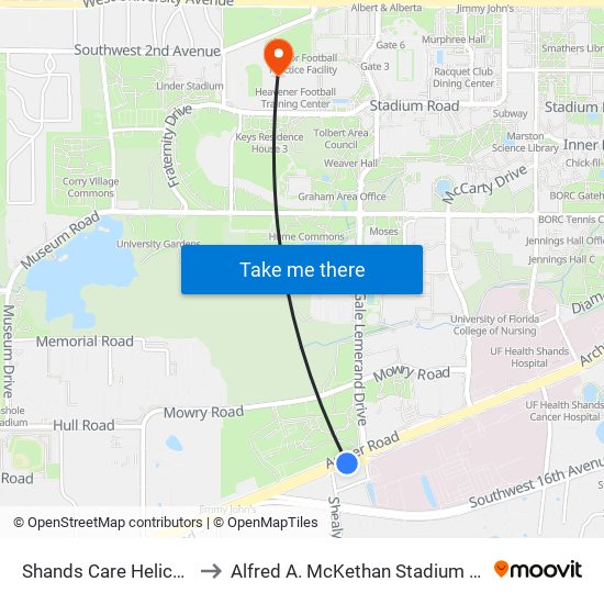 Shands Care Helicopter Pad to Alfred A. McKethan Stadium at Perry Field map