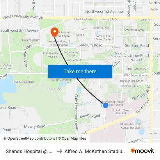 Shands Hospital @ Center Drive to Alfred A. McKethan Stadium at Perry Field map