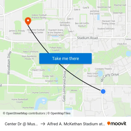 Center Dr @ Museum Rd to Alfred A. McKethan Stadium at Perry Field map