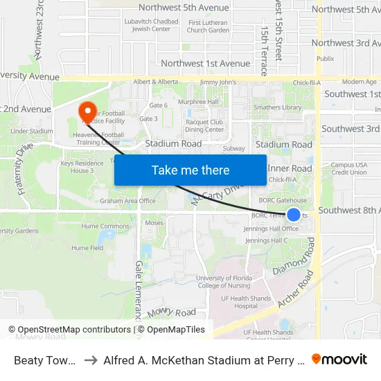 Beaty Towers to Alfred A. McKethan Stadium at Perry Field map