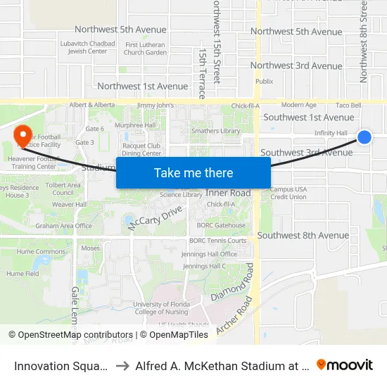 Innovation Square East to Alfred A. McKethan Stadium at Perry Field map