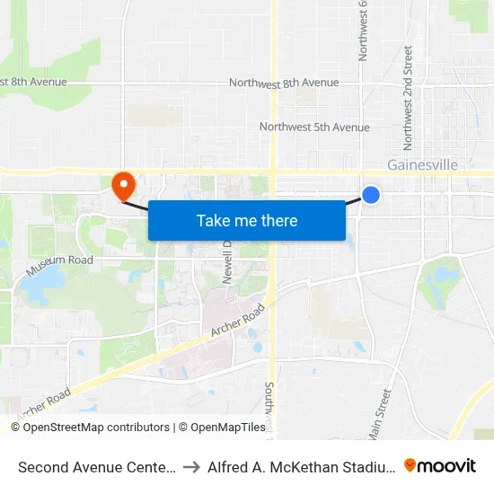 Second Avenue Center Apartments to Alfred A. McKethan Stadium at Perry Field map