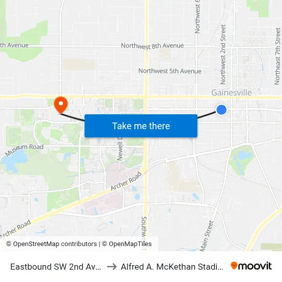 Eastbound SW 2nd Ave @ SW 2nd St to Alfred A. McKethan Stadium at Perry Field map