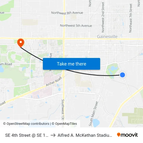 SE 4th Street @ SE 10th Avenue to Alfred A. McKethan Stadium at Perry Field map