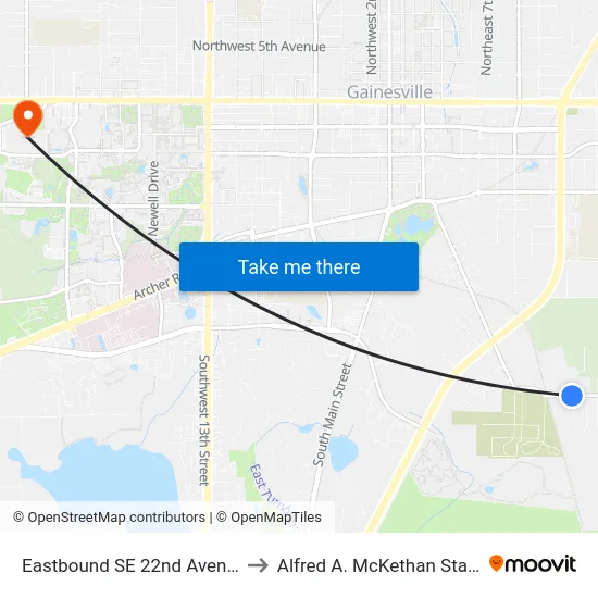 Eastbound SE 22nd Avenue @ SE 12th Street to Alfred A. McKethan Stadium at Perry Field map