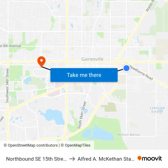 Northbound SE 15th Street @ SE 3rd Avenue to Alfred A. McKethan Stadium at Perry Field map