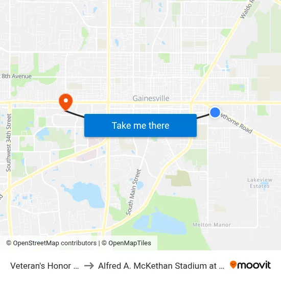 Veteran's Honor Center to Alfred A. McKethan Stadium at Perry Field map