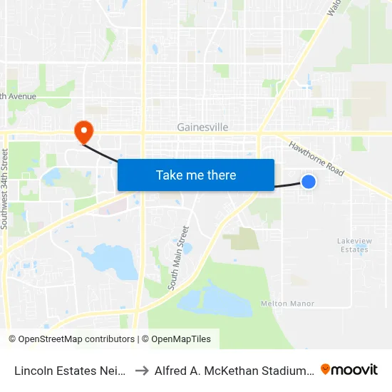 Lincoln Estates Neighborhood to Alfred A. McKethan Stadium at Perry Field map