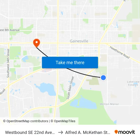 Westbound SE 22nd Avenue @ SE 13th Street to Alfred A. McKethan Stadium at Perry Field map