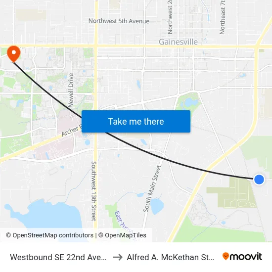 Westbound SE 22nd Avenue @ SE 12th Street to Alfred A. McKethan Stadium at Perry Field map