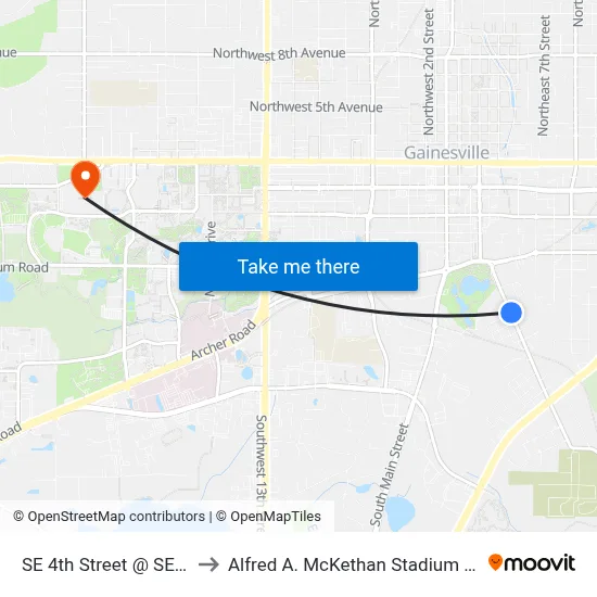 SE 4th Street @ SE 10th Ave to Alfred A. McKethan Stadium at Perry Field map