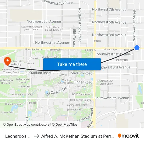 Leonardo's 706 to Alfred A. McKethan Stadium at Perry Field map