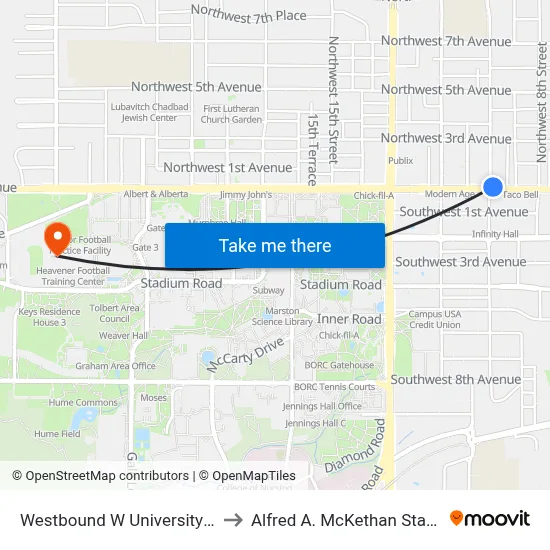 Westbound W University Ave @ NW 10th St to Alfred A. McKethan Stadium at Perry Field map