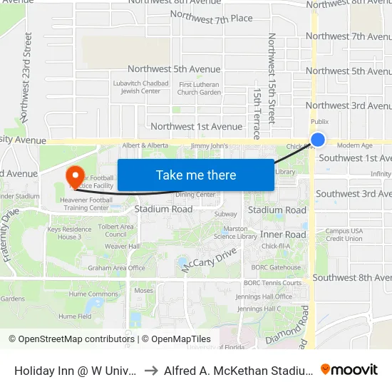 Holiday Inn @ W University Avenue to Alfred A. McKethan Stadium at Perry Field map