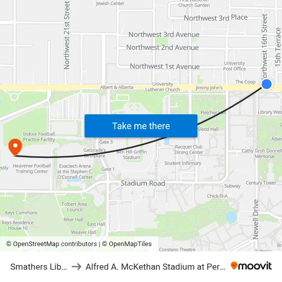 Smathers Library to Alfred A. McKethan Stadium at Perry Field map
