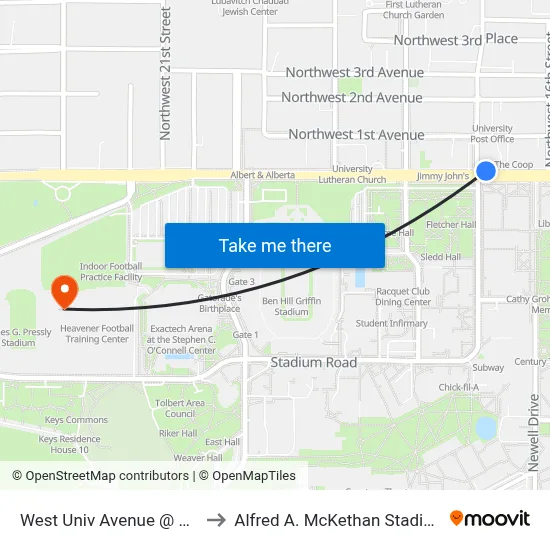 West Univ Avenue @ NW 17th Street to Alfred A. McKethan Stadium at Perry Field map