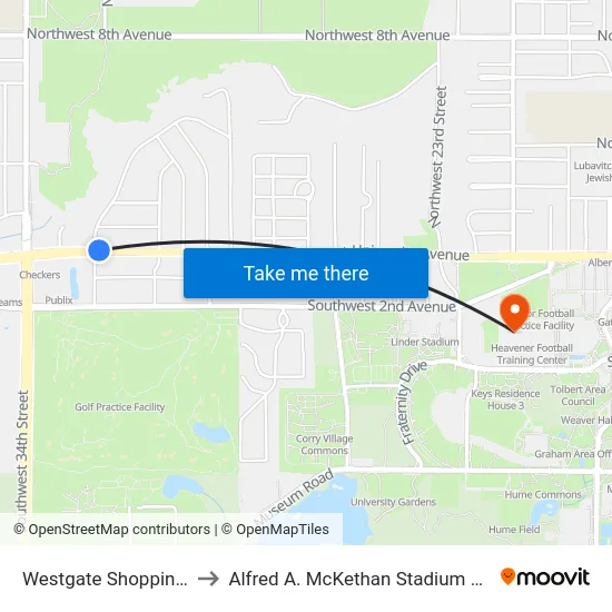 Westgate Shopping Center to Alfred A. McKethan Stadium at Perry Field map