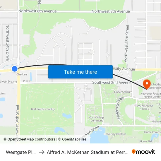 Westgate Plaza to Alfred A. McKethan Stadium at Perry Field map