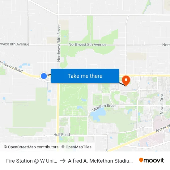 Fire Station @ W University Ave to Alfred A. McKethan Stadium at Perry Field map