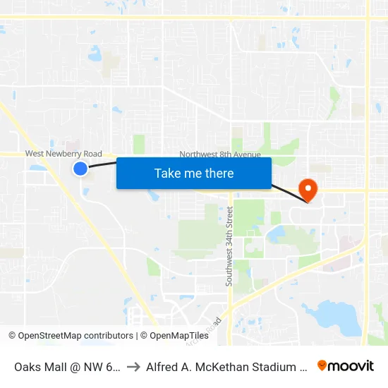 Oaks Mall @ NW 62nd Blvd to Alfred A. McKethan Stadium at Perry Field map