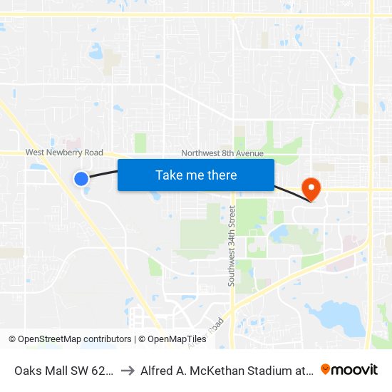 Oaks Mall SW 62nd Blvd to Alfred A. McKethan Stadium at Perry Field map