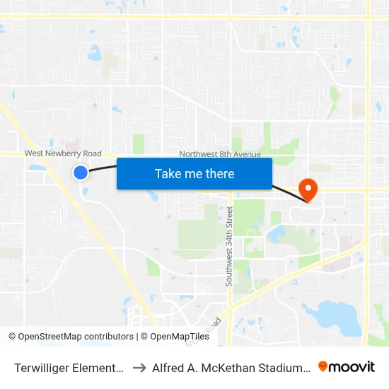 Terwilliger Elementary School to Alfred A. McKethan Stadium at Perry Field map