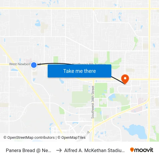 Panera Bread @ Newberry Road to Alfred A. McKethan Stadium at Perry Field map