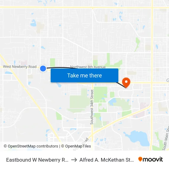 Eastbound W Newberry Rd @ NW 53rd Terrace to Alfred A. McKethan Stadium at Perry Field map