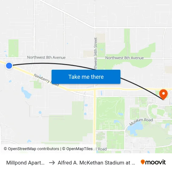 Millpond Apartments to Alfred A. McKethan Stadium at Perry Field map