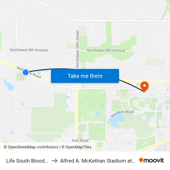 Life South Blood Center to Alfred A. McKethan Stadium at Perry Field map