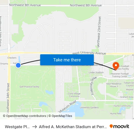 Westgate Plaza to Alfred A. McKethan Stadium at Perry Field map